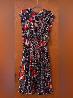 Navy Geometric Print Wrap Dress with Red & White Accents